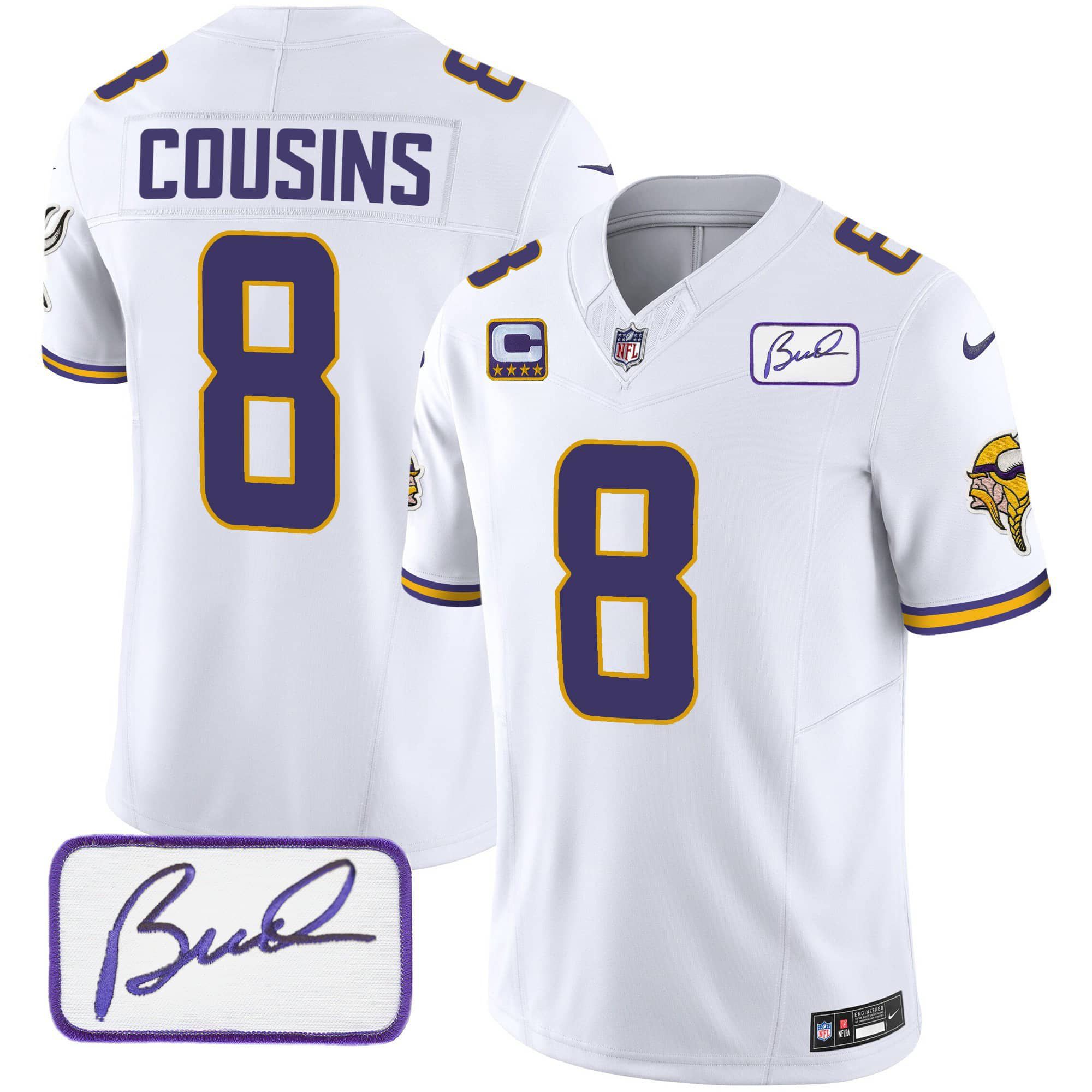 Men Minnesota Vikings 8 Cousins White 2024 Nike Bud Grant Patch Classic Limited NFL Jersey style 1